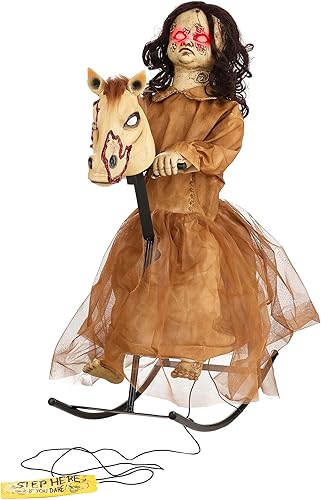 Fun Costumes Muñeca animatrónica embrujada de 3.5 pies, muñecas espeluznantes, decoraciones de Halloween, caballo mecedor de aspecto antiguo, ojos