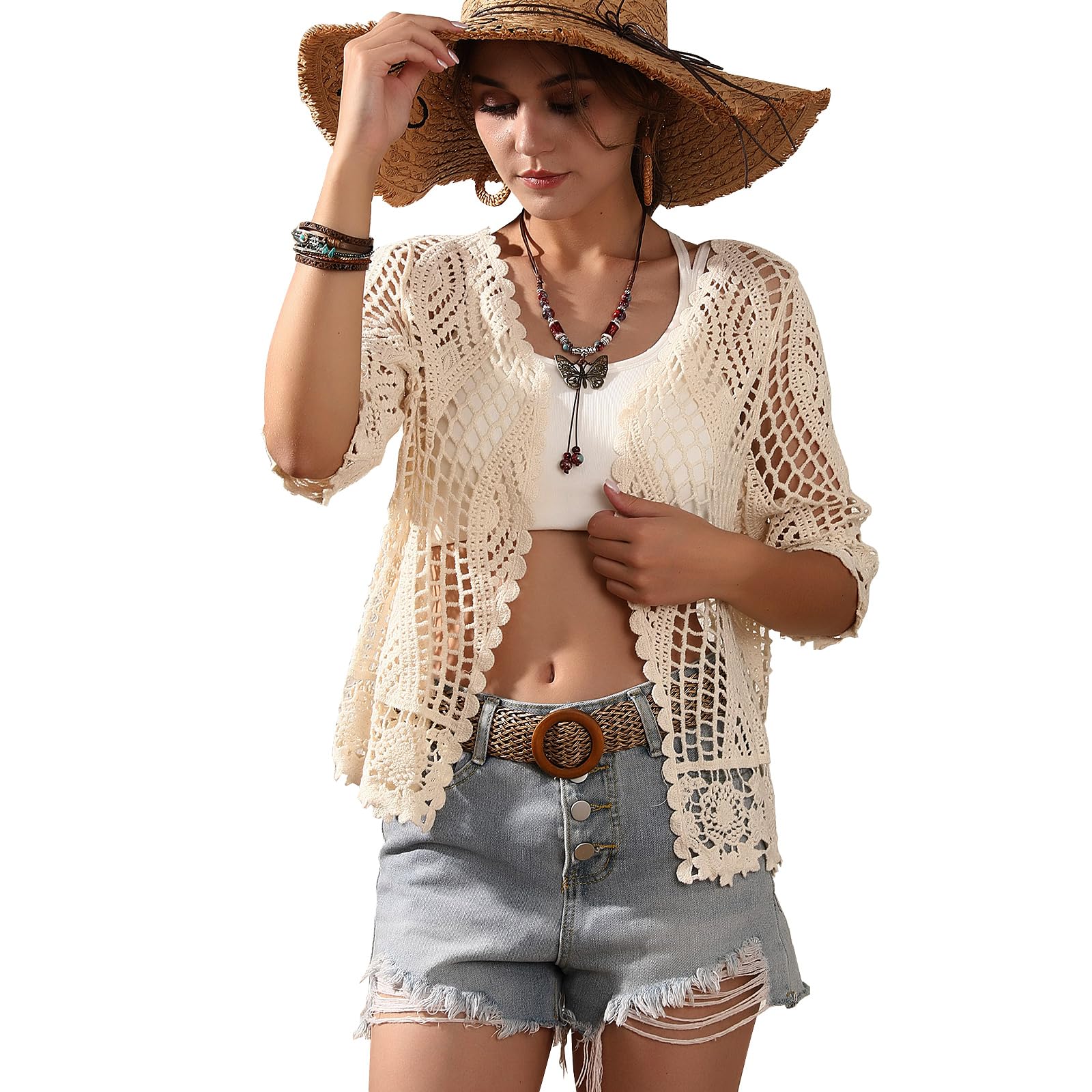 Cardigan en dentelle florale au crochet pour femme - Kimono long avec manches mi-longues