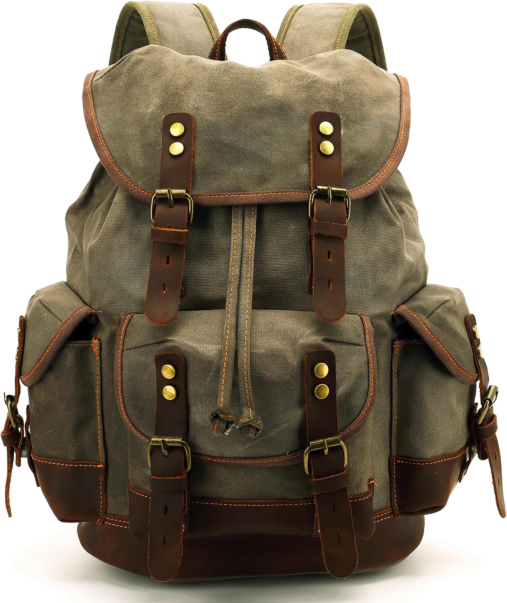 HuaChen Vintage Canvas Leather Backpack: Spacious Durable Rucksack for Men & Women, Perfect for Travel and College Life - M86 Army Green Coffee