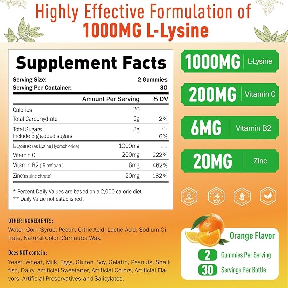 L-Lysine Gummies 1000 mg, Cold Sore Supplement 60 Counts | Immune Support for Lips & Oral, Chewable L Lysine Gummies for Adults & Kids, Boost Collagen, Vegan, Gluten Free