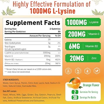 L-Lysine Gummies 1000 mg, Cold Sore Supplement 60 Counts | Immune Support for Lips & Oral, Chewable L Lysine Gummies for Adults & Kids, Boost Collagen, Vegan, Gluten Free