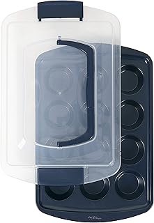 Wilton Diamond-Infused Non-Stick Navy Blue Muffin and Cupcake Pan with Cover, 12-Cup, Steel