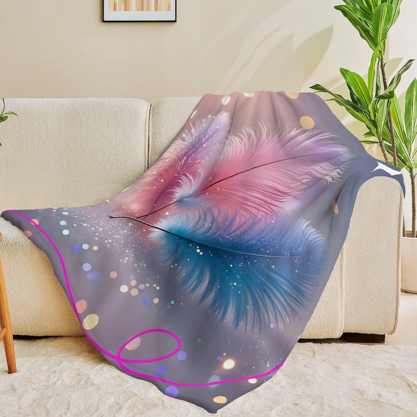 Generisch Puszysty koc z niebieskimi i różowymi piórami 220 x 240 cm, miękki i dwustronny koc polarowy w gwiazdy, idealny koc na sofę dla wszystkich, przytulny koc na sofę i łóżko SF480