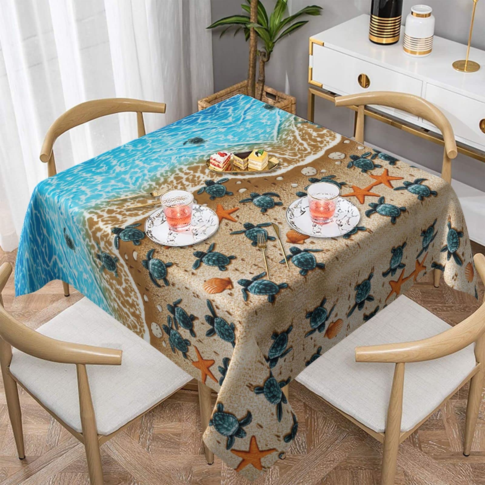 Lawenp Turtles On The Beach Square Wrinkle-Free Table Cloth Cover Table Decorative for Wedding Dinning Party Banquet Tabletop