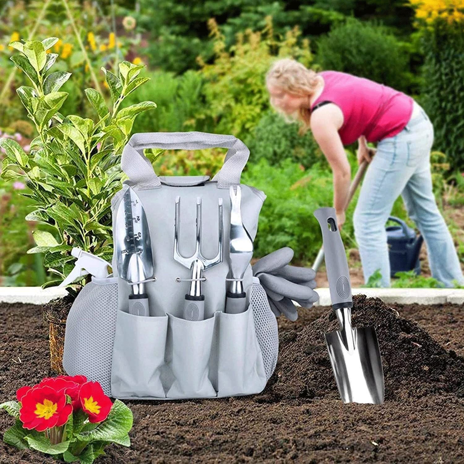 Garden Tool Set 9 Piece Aluminum Hand Tool Kit Heavy Duty Gardening Work Set with Tote Bag and Garden Gloves for Digging Loosening Soil Aerating