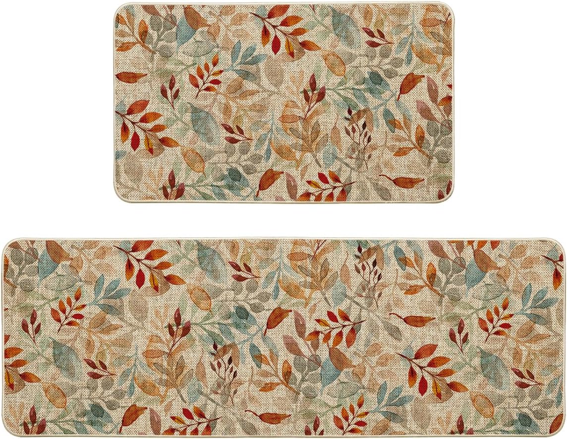 Artoid Mode Watercolor Leaves Eucalyptus Fall Kitchen Mats Set of 2, Home Decor Low-Profile Kitchen Rugs for Floor - 17x29 and 17x47 Inch
