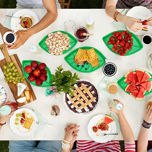 Miniatura 6 de 50 piezas de hoja de palma estilo hawaiano, bandeja de plástico reutilizable para aperitivos, bandeja de servir para fiesta hawaiana, platos de