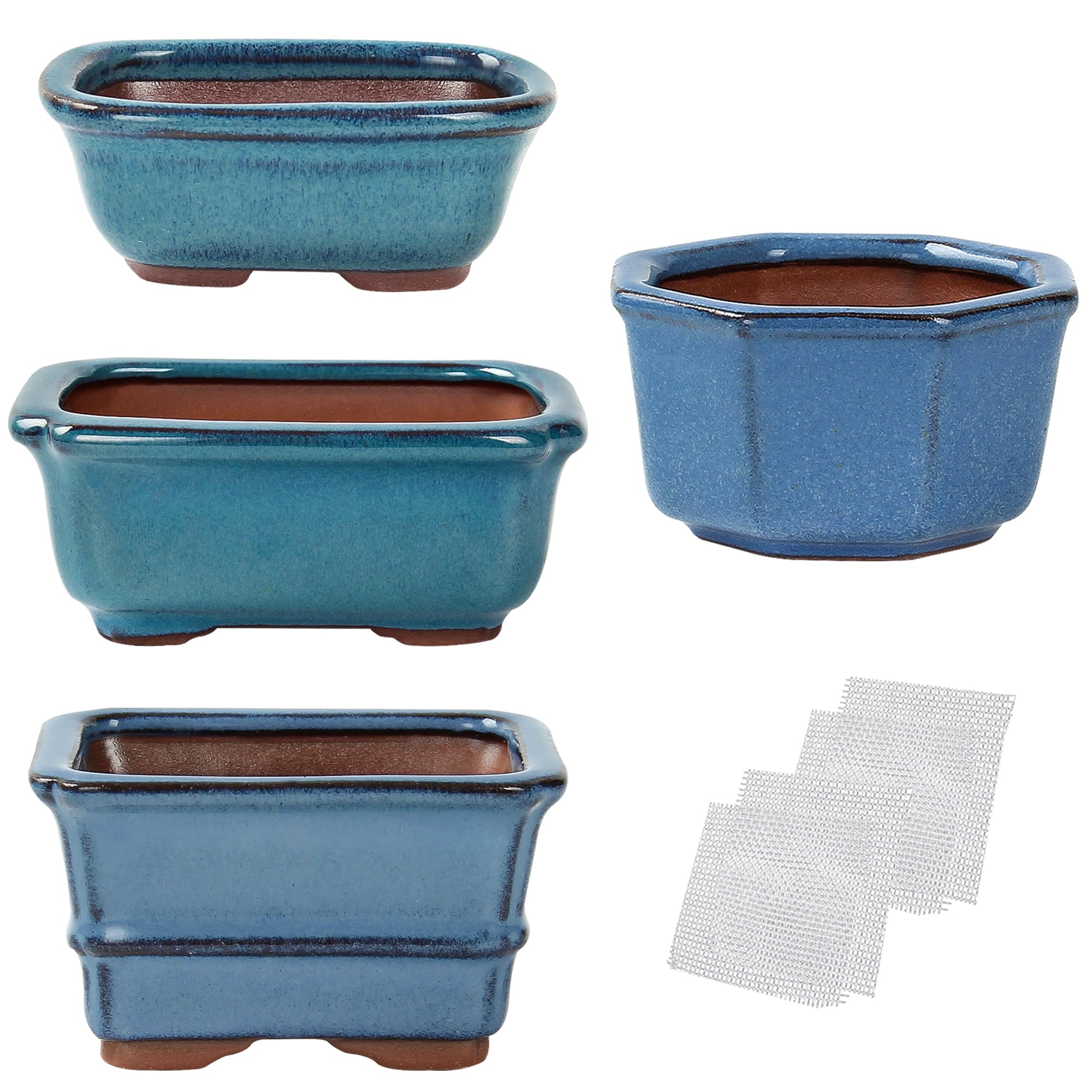 happy bonsai Mini Glazed Pots Value Set of 4, with 4 Soft Mesh Drainage Screens