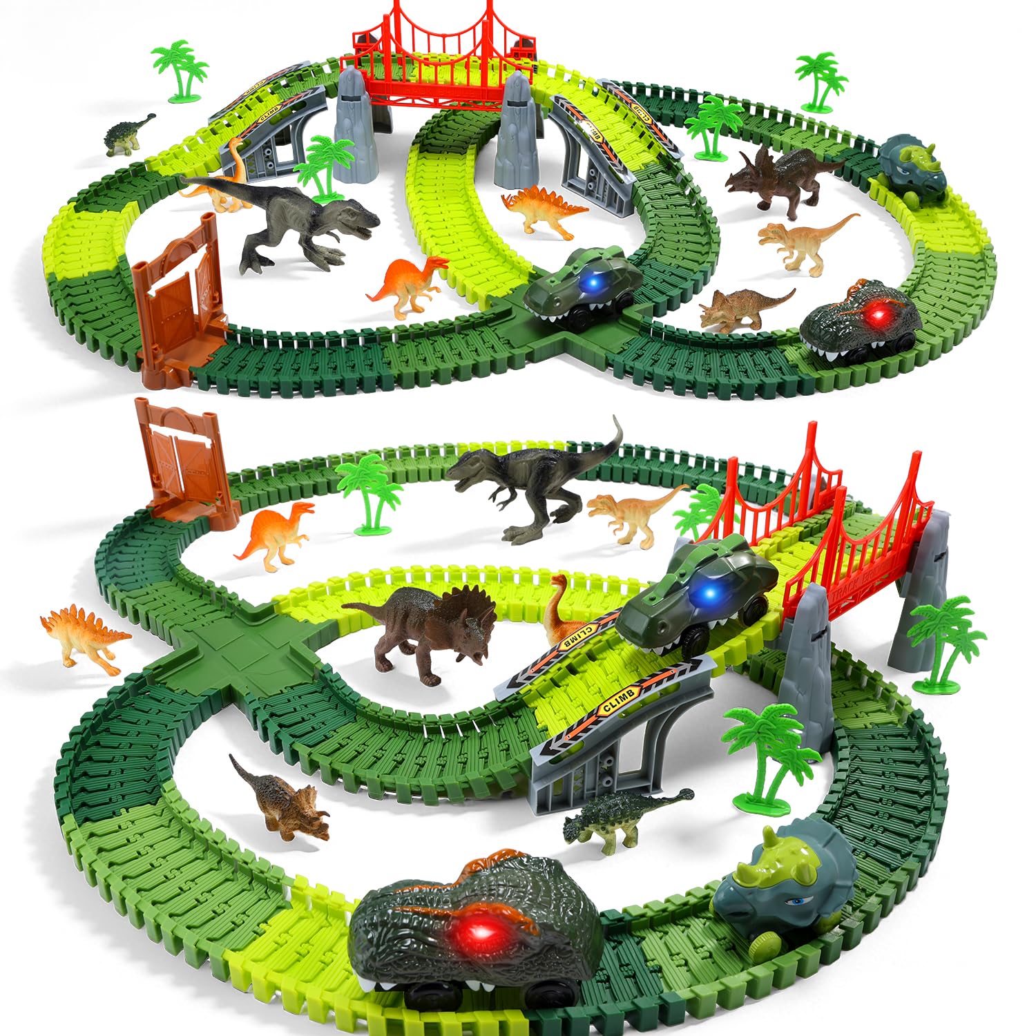 EagleStone Dinosaur Track Set for Kids – 222 PCS Flexible Race Tracks, 2 Electric Dino Cars with Light, 8 Dino Figures, Dinosaur Train Set, Easter Birthday Gift for 3-8 Year Old Boys and Girls