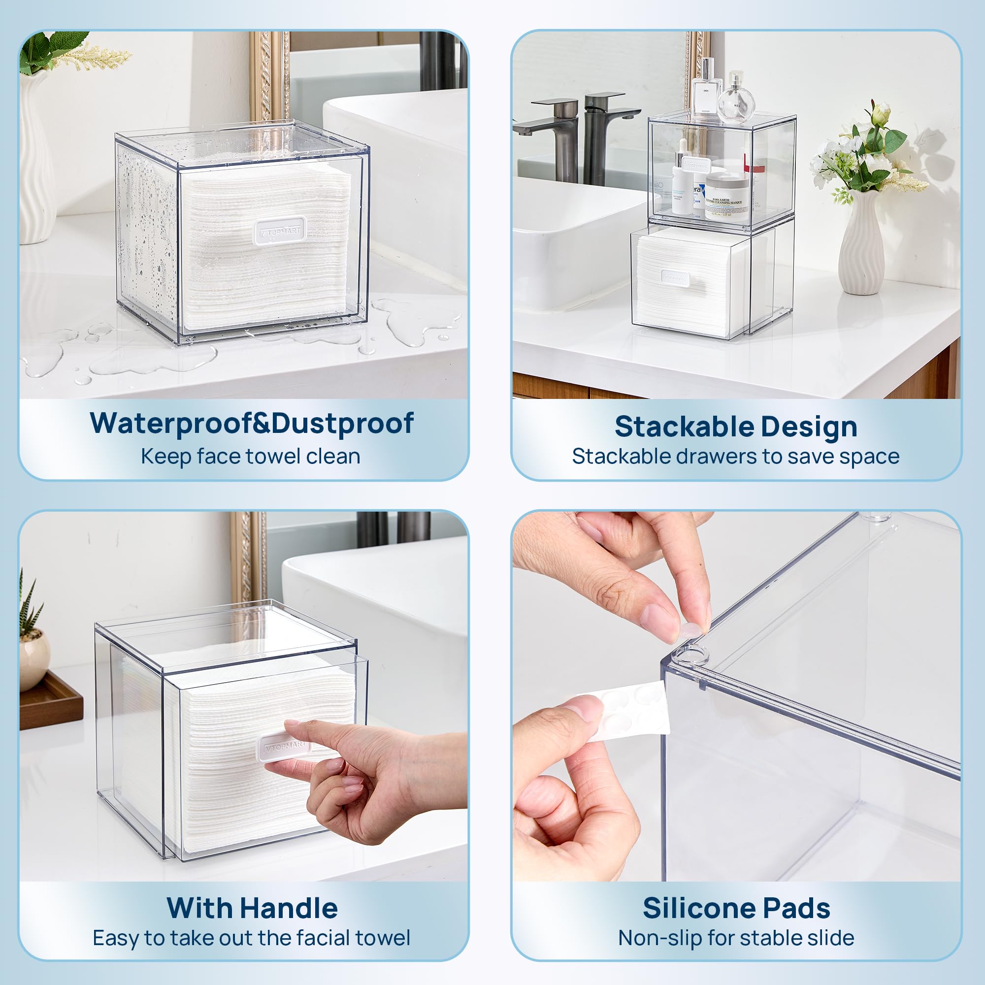 Vtopmart Cajón de almacenamiento de toallas faciales desechables compatible con Clean Skin Club Towel XL, caja acrílica con capacidad para 50 unidades, accesorio de baño elegante y funcional para