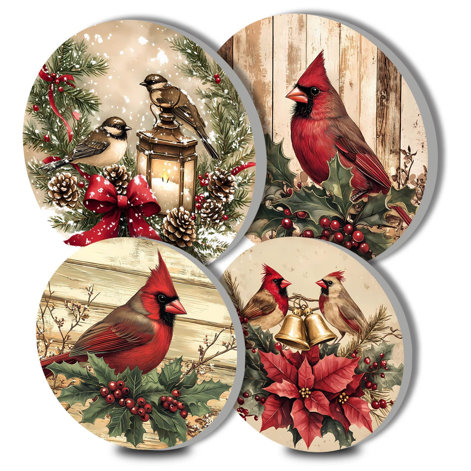 Winter Red Birds Electric Stove Burner Covers,4 Pcs Rustic Christmas Round Stove Burner Covers，Flowers Gas Stove Burner Cover,8 Inch and 10 Inch Farmhouse Style Metal Cooktop Home Decorative