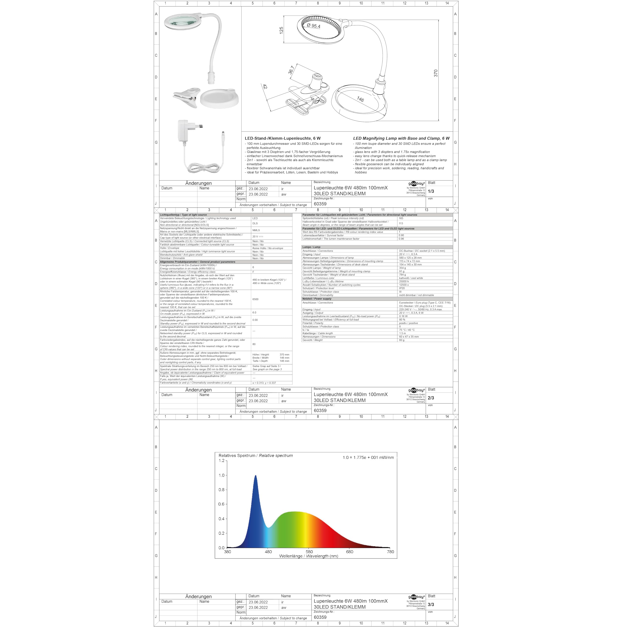 goobay 60359 LED lampa z lupą – lampa z lupą ze stojakiem – lupa stojąca – pobór mocy 6 W – temperatura barwowa 6200 K – strumień świetlny 480 lm, biała