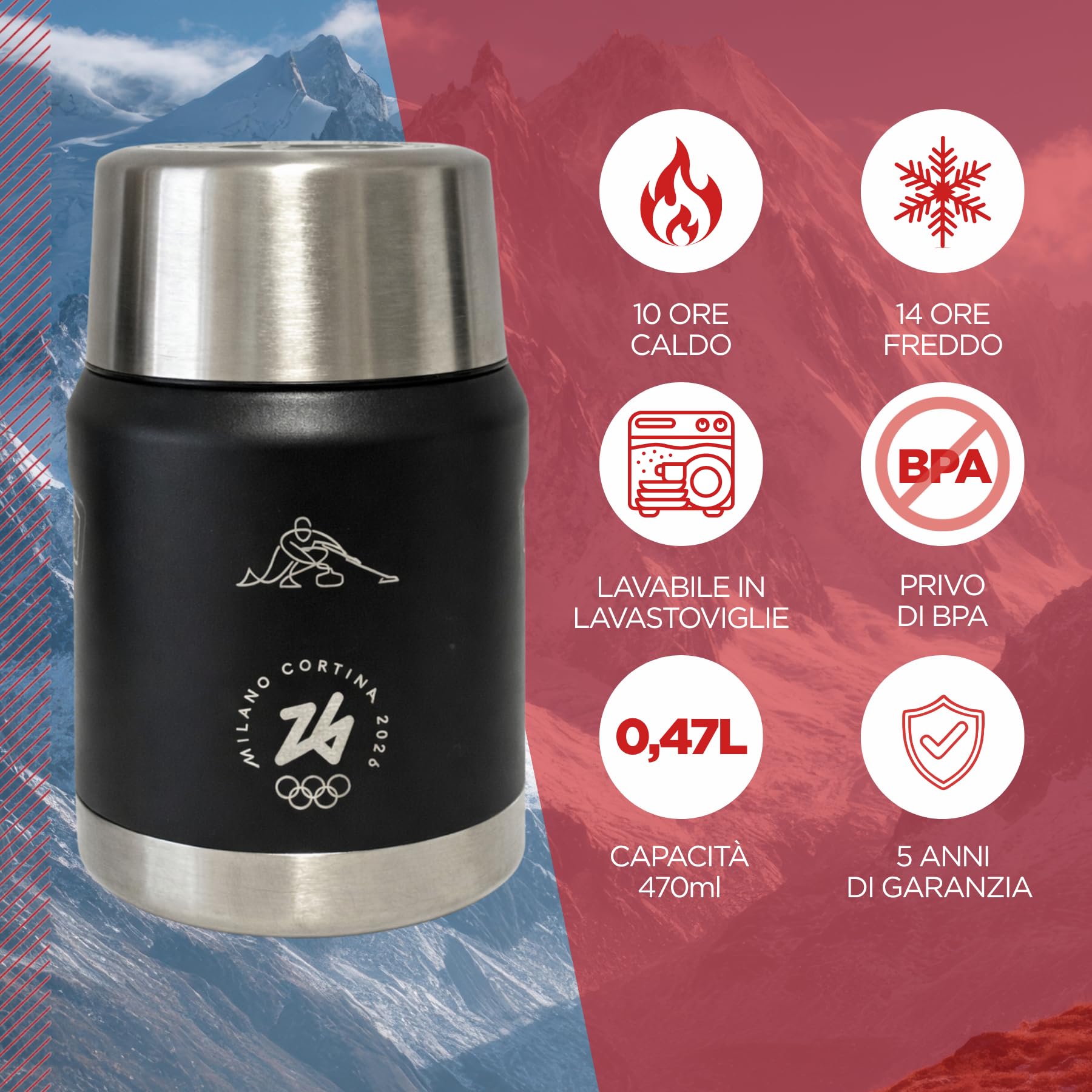 THERMOS Icon Milano Cortina 2026 Contenitore Acciaio Inox 0,47L Cucchiaio