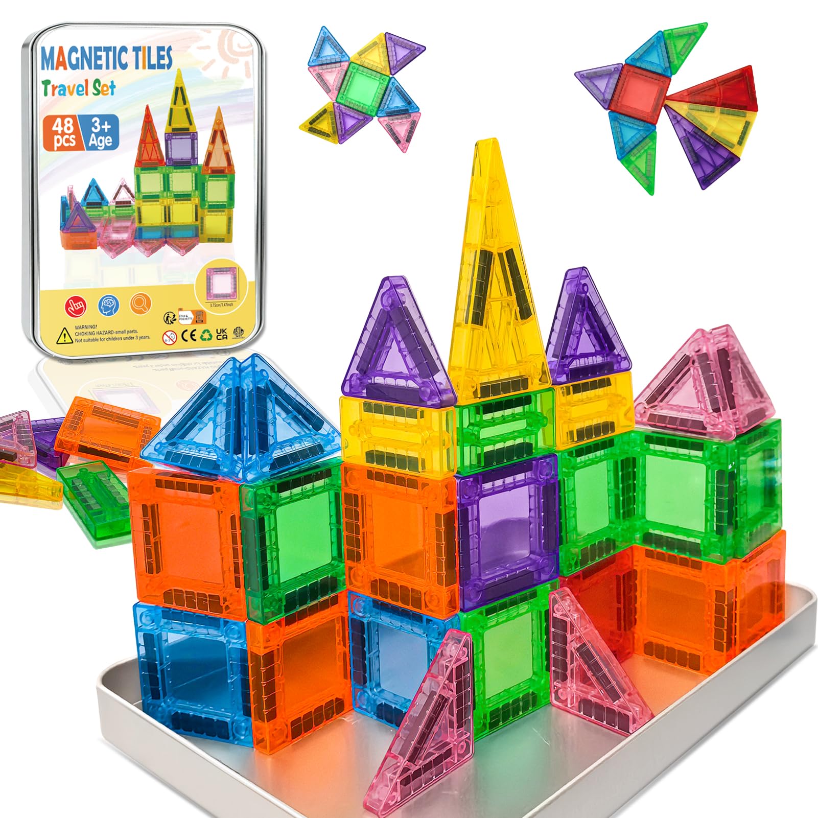 Kerhitoy - Juego de 48 piezas de mini azulejos magnéticos de viaje a partir de 3 años | Bloques de construcción magnéticos para niños con caja de hierro | Juguetes sensoriales educativos STEM | Juegos