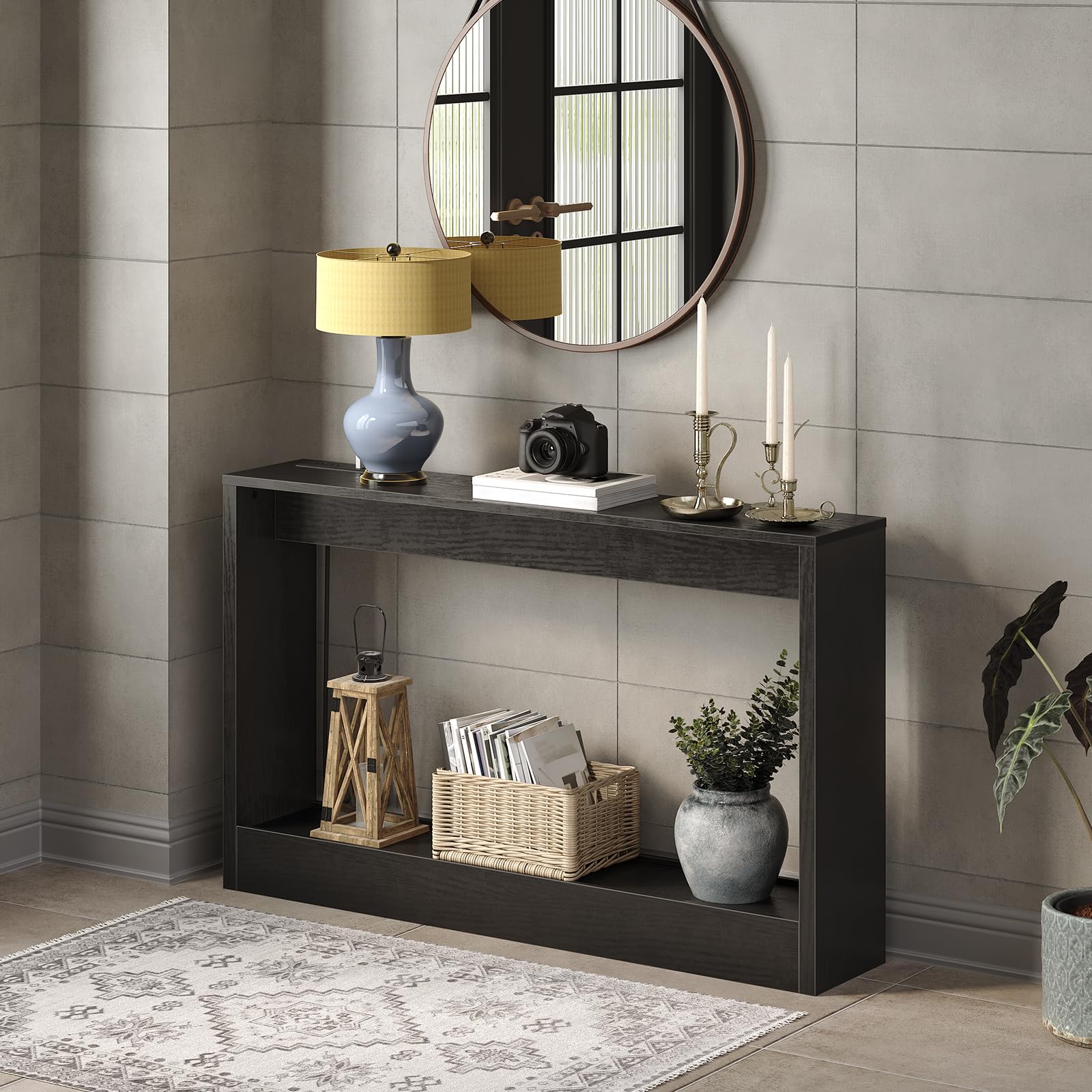 Console Tables for Entryway, Black Console Table with LED Lights, 47.2'' Narrow Sofa Table with Outlet, Behind Couch Table for Living Room, Entrance, Hallway, Black CTHB221E01