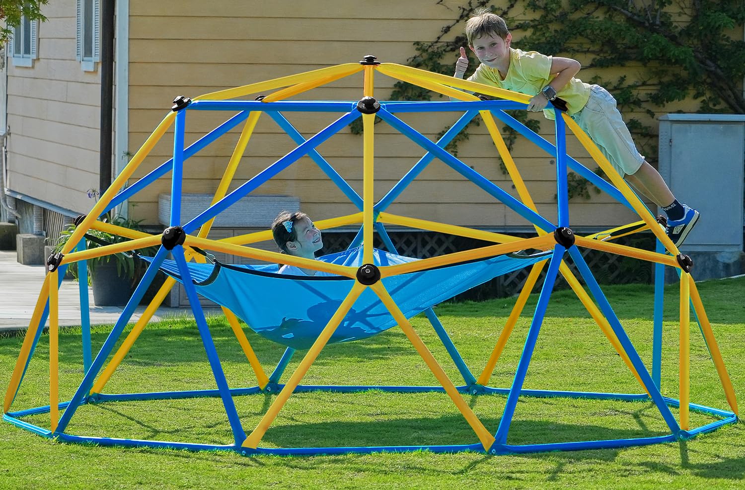 Zupapa 10FT Climbing Dome with Hammock, Outdoor Jungle Gym for Kids, Geometric Dome Climber Supporting 1200LBS Outdoor Play Equipment, Yellow&amp;Blue