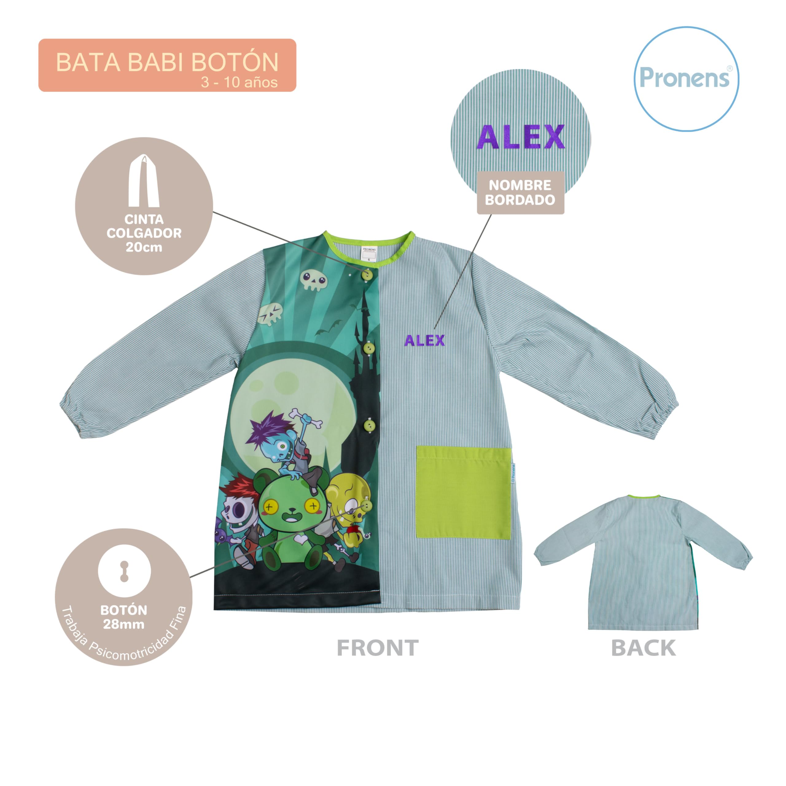 Bata escolar infantil. Babi niños para guardería y colegio- baby de cuadro vichy, botones y bolsillo. Nombre personalizable.