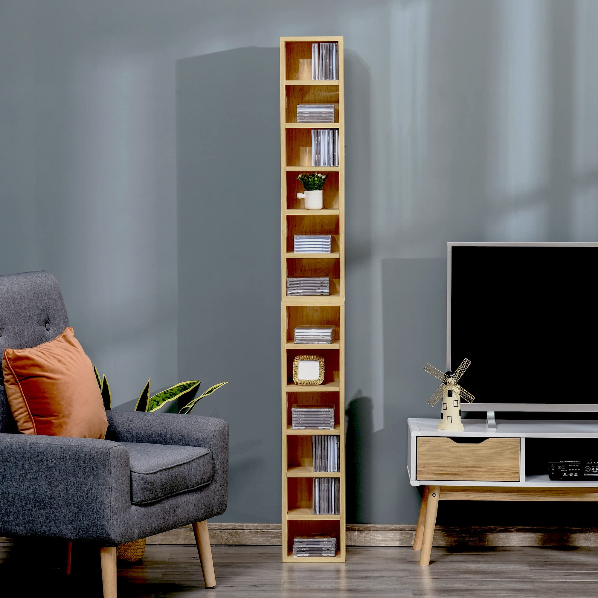 HOMCOM Lot de 2 étagères colonnes Armoire de Rangement CD-DVD 6 + 6 Compartiments dim. 21L x 19l x 88H cm capacité Max. 160 CD Naturel