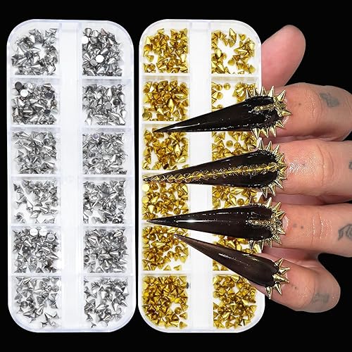 1200 dijes de uñas punk, remaches de metal, 2 cajas de clavos metálicos para arte de uñas góticas, tachuelas de uñas de aleación plateada y dorada