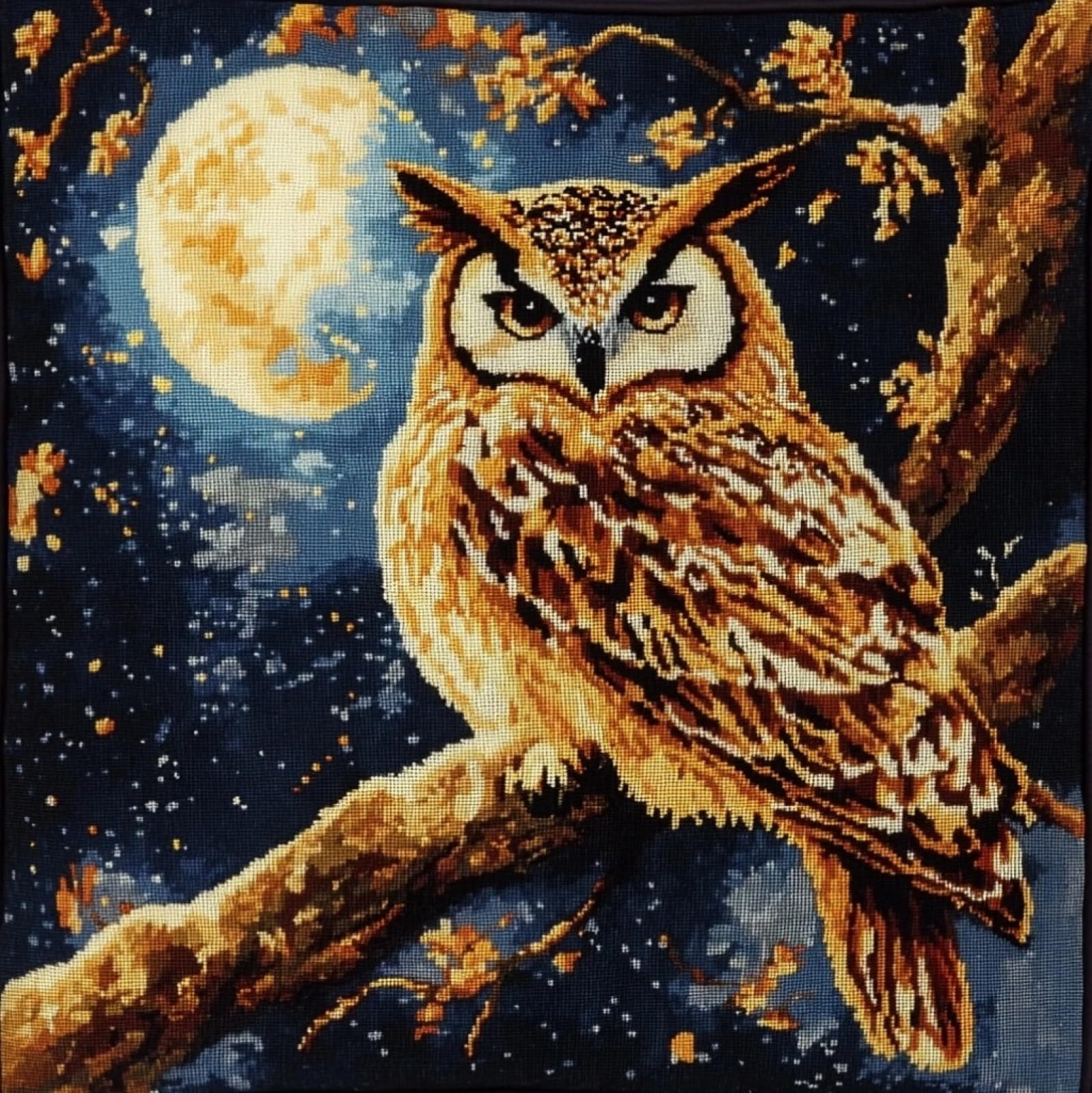 WallustrioaW Cross Stitch Cushion Kit for Adult Beginner,Owl on a Branch DIY Cushion Embroidery Kit 18x18in 11CT Cross Stitch Pillow Sewing Art Home Decoration
