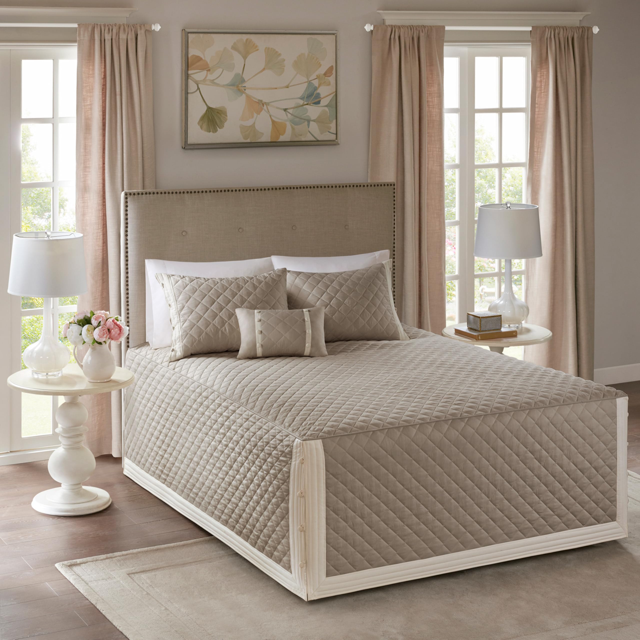 Madison Park Każdy sezon, lekki, zestaw pościeli, dopasowane pokrowce, bawełna, Breanna, diamentowy pikowany khaki, King (200 cm x 81 + 61 cm głęb.)