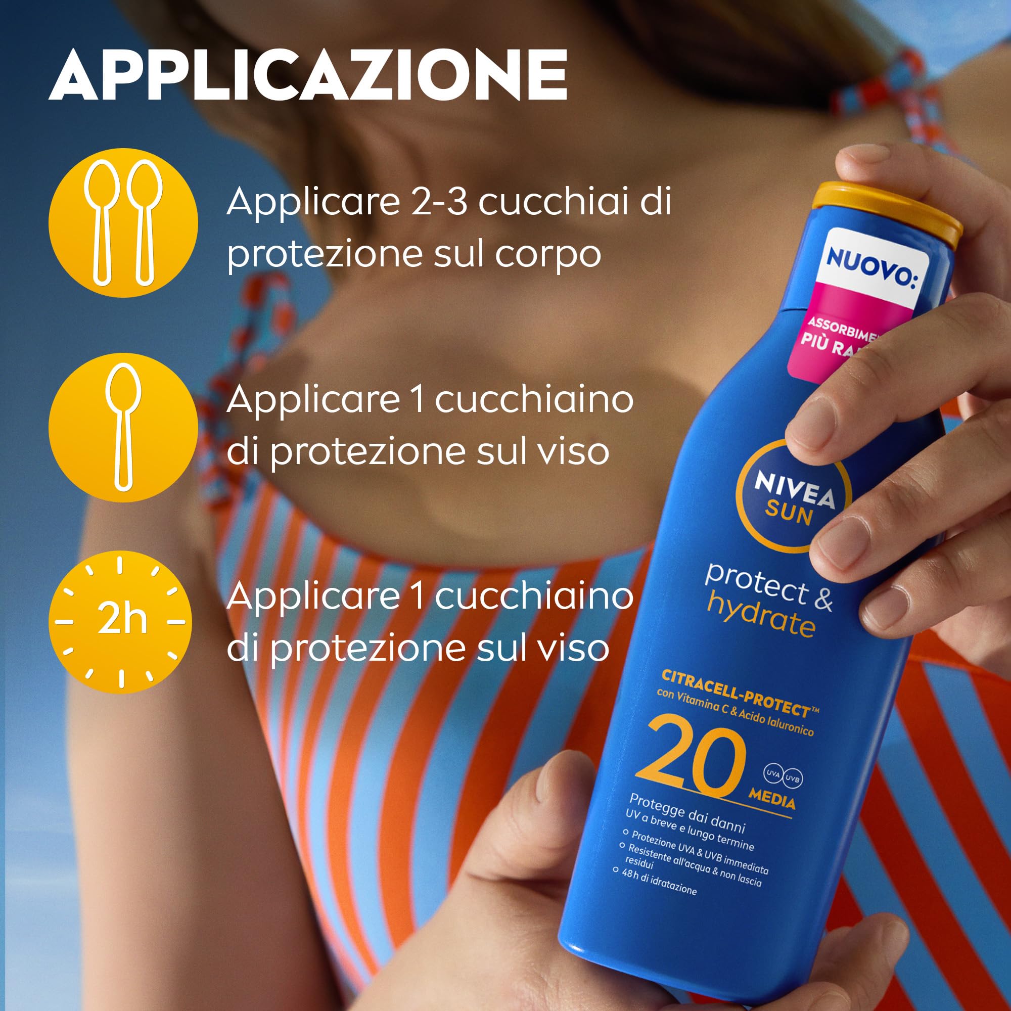 NIVEA SUN Protect & Hydrate SPF 20 200 ml, Crema solare 20 idratante 48h ad assorbimento rapido, Protezione solare 20 resistente all'acqua arricchita con Vitamina C e Acido Ialuronico