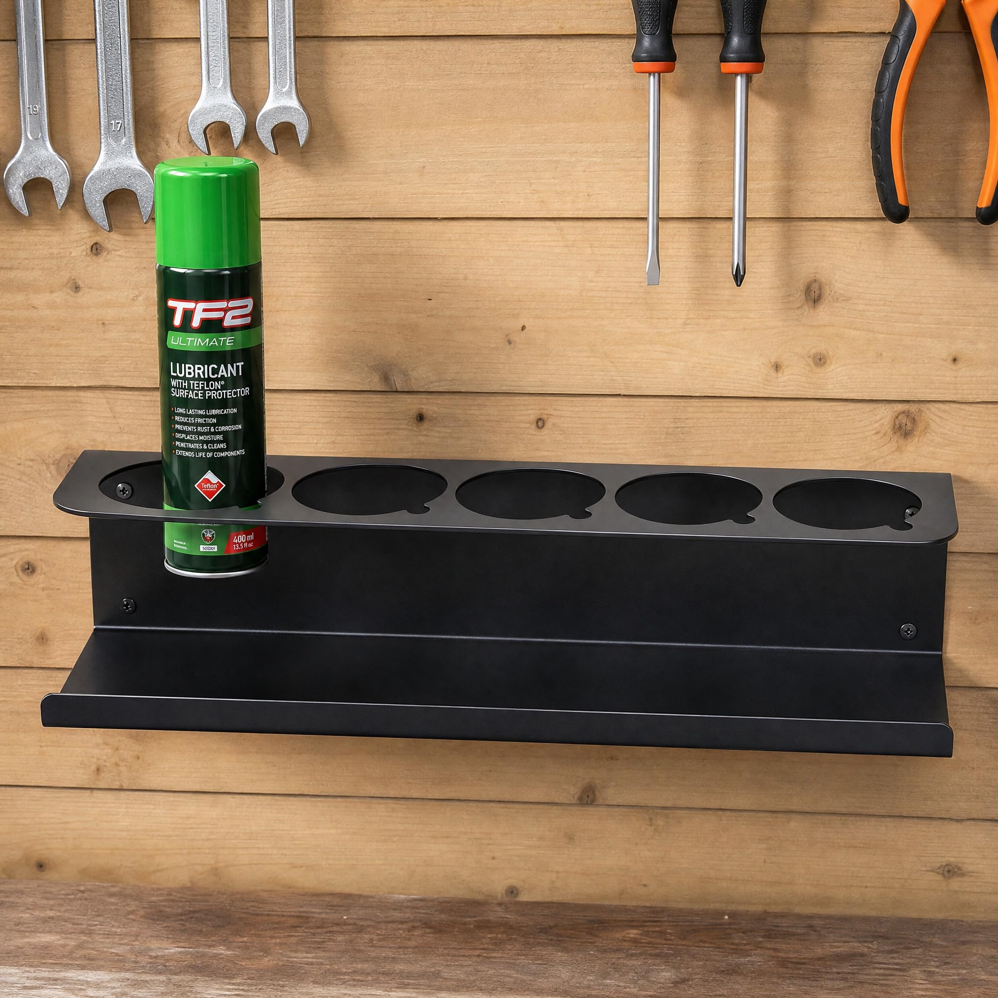 2 soportes para latas de aerosol de acero al carbono negro para 5 latas de 7,6 cm, soporte para latas de taller con tubo de expansión y tornillos, accesorios para garaje, taller, caravana