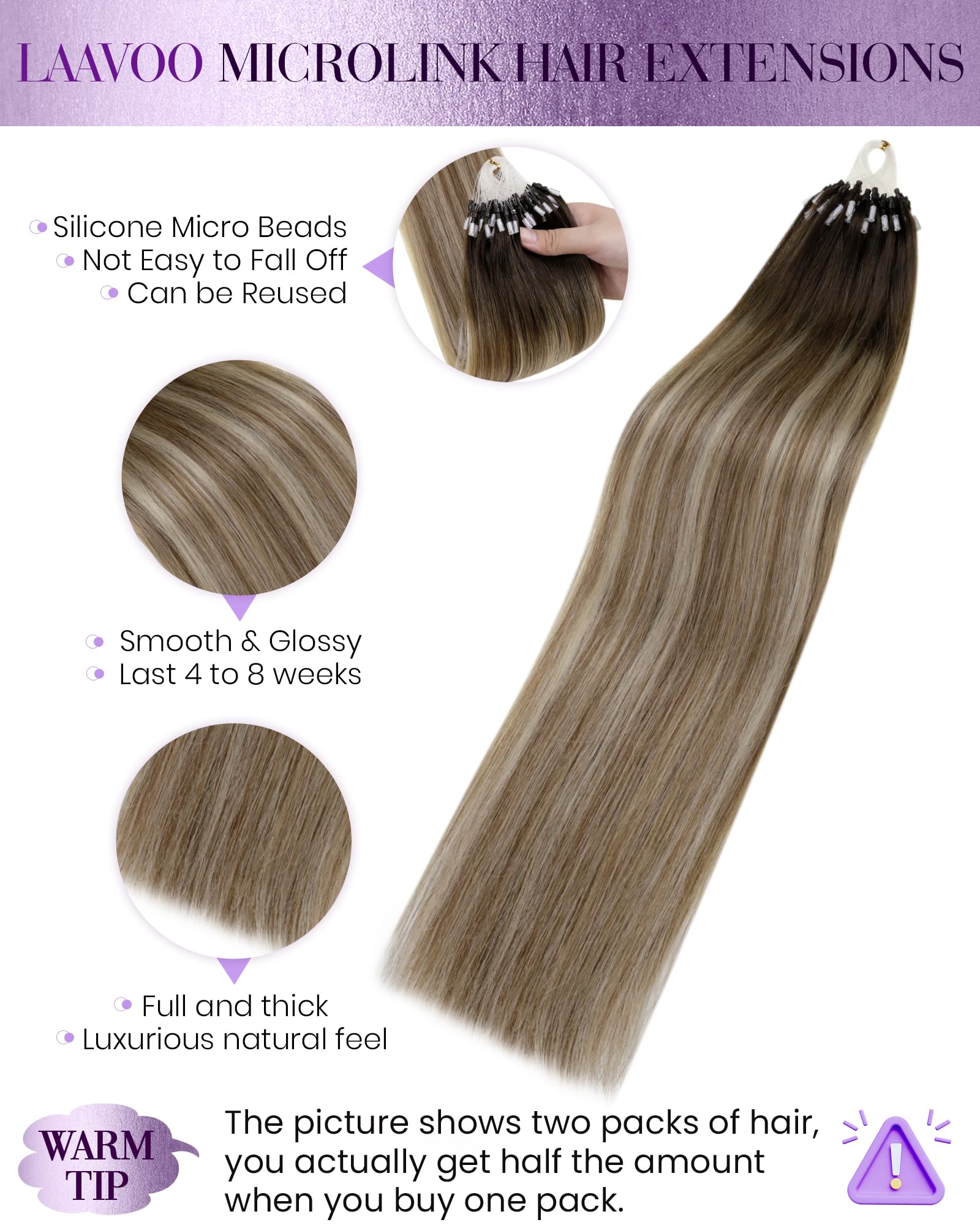 LaaVoo Micro Loop Hair Extensions Real Human Hair Brown Remy Straight Balayage Dark Brown to Platinum Blonde Invisible Micro Ring Hair Extensions 50g 50s 16 Inch #3/8/24 - Image 2