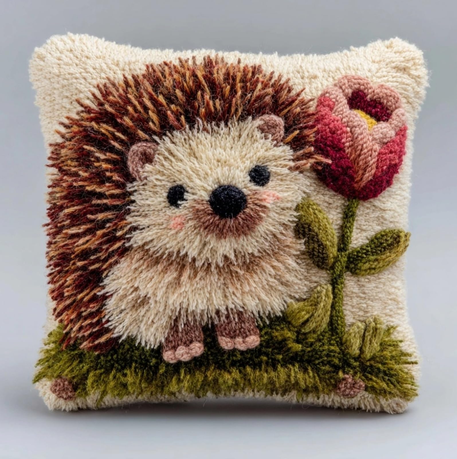 WallustrioaW 43x43cm Latch Hook Pillow Cover Kit,Hedgehogs and Flowers