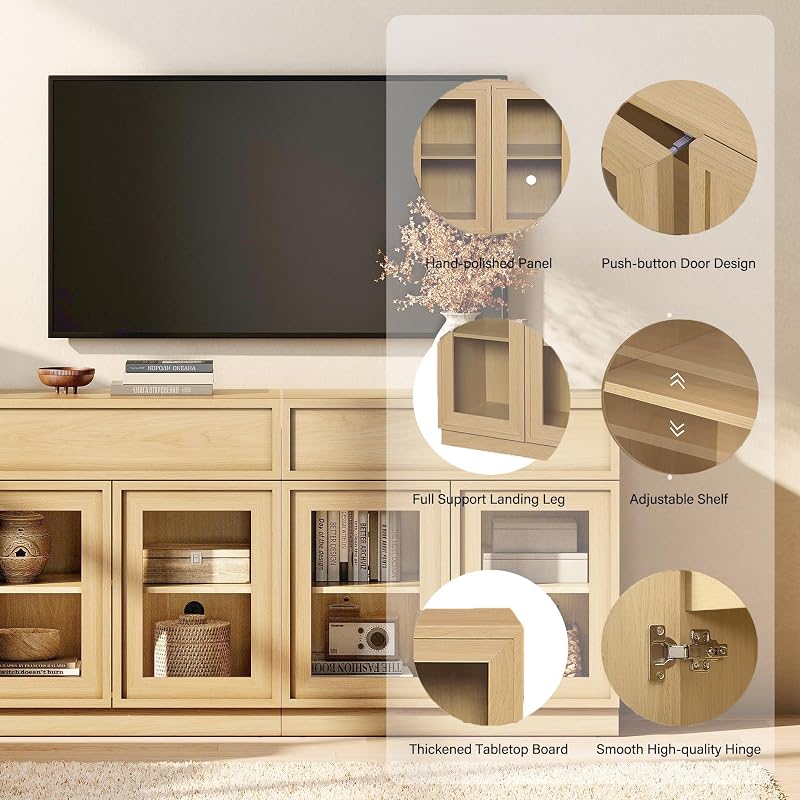WAMPAT Wall Unit TV Stand with 3 Tiers Bookshelf, Entertainment Center with 4 Storage Cabinets and Adjustable Shelf, Media Console with Glass Doors and 4 Drawers for Living Room, Oak image 4
