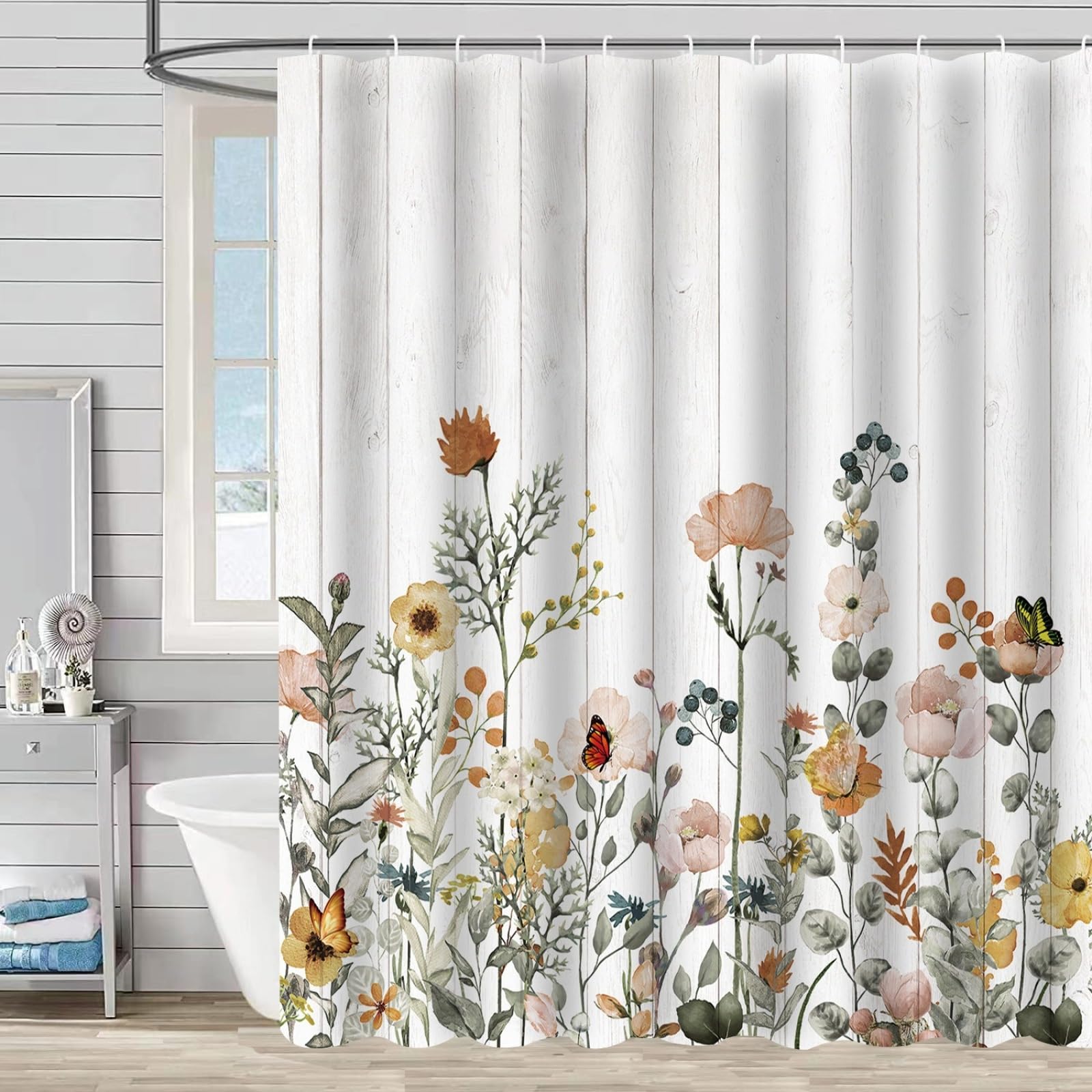 Shower Curtains Orange Butterfly Flower Wet Room Shower Curtain Mould Proof Resistant Waterproof Polyster Fabric Washable with 12 Hooks Garden Bathroom Curtains (180x200cm)