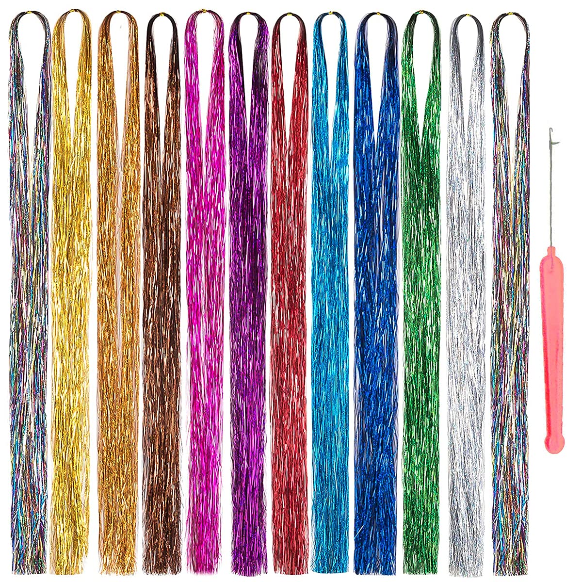 12 Colors Hair Tinsel 44 Inches Fairy Hair Tinsel Kit Sparkling Dazzle Glitter Shiny Hair Extensions with Tool 2400+ Strands Hair Glitter (12mix)