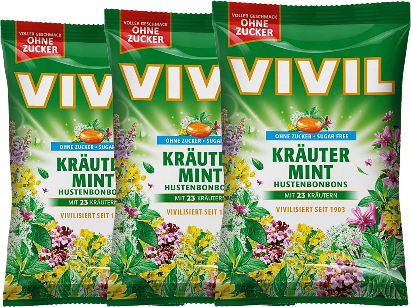 VivilHerbal Mint Cough Drops Sugar Free with 23 Herbs, Essential Eucalyptus Oil and Menthol 3x120 g (12.7 Oz), Germany
