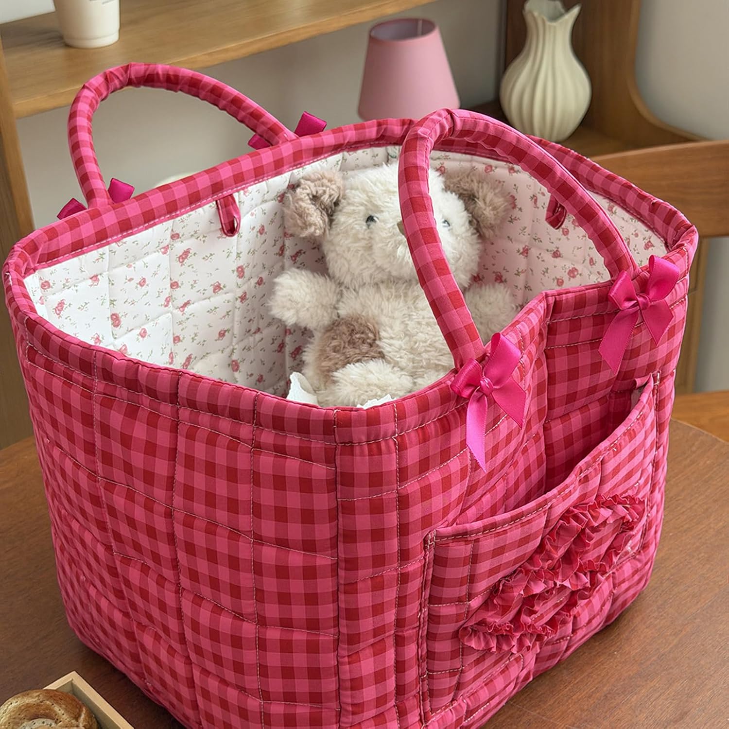 Storage Basket Boho Fabric Large Collapsible Floral Laundry Nursery Hamper Portable Folding Storage for Clothes Toys (Rose Red Plaid) image 4