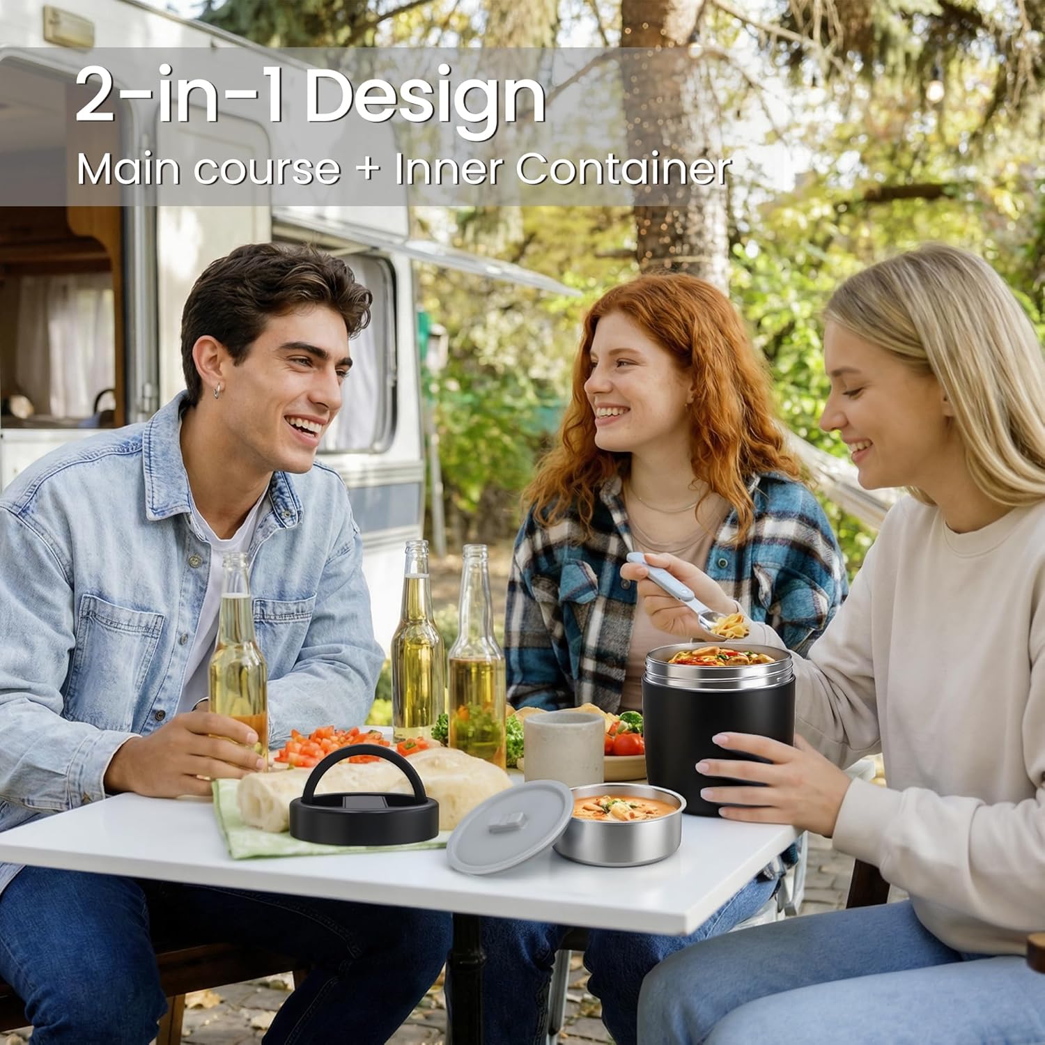 Thermo for Hot Food Soup: 40.5 oz Insulated Lunch Container for Adults, Stainless Steel Thermal Jar with 12oz Inner Jar, Wide Mouth Leakproof Easy-Open Lid with Foldable Spoon & Handle, Black