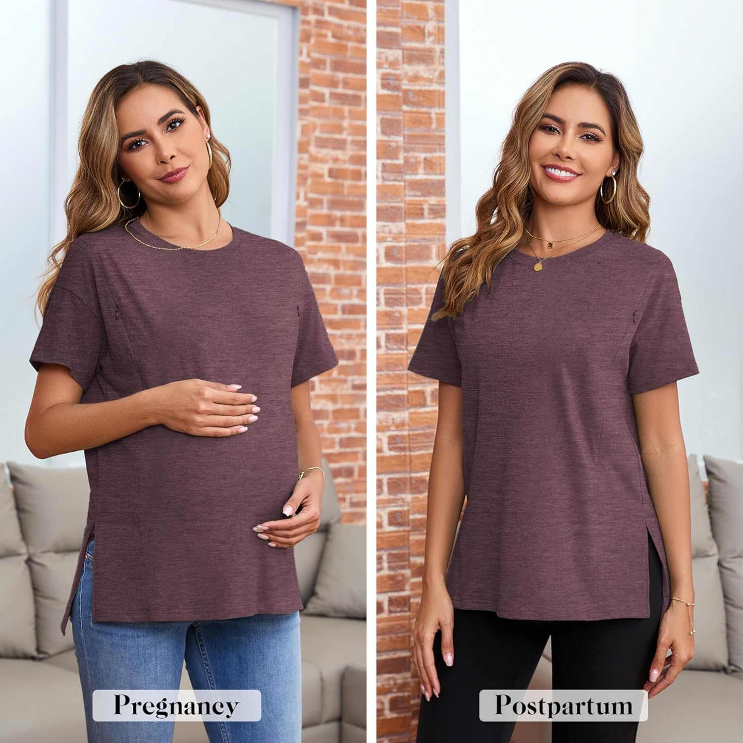 Ecavus Women's Oversized Nursing Shirts for Breastfeeding with Hidden Zipper Short Sleeves Side Splits Maternity Tops - Image 2