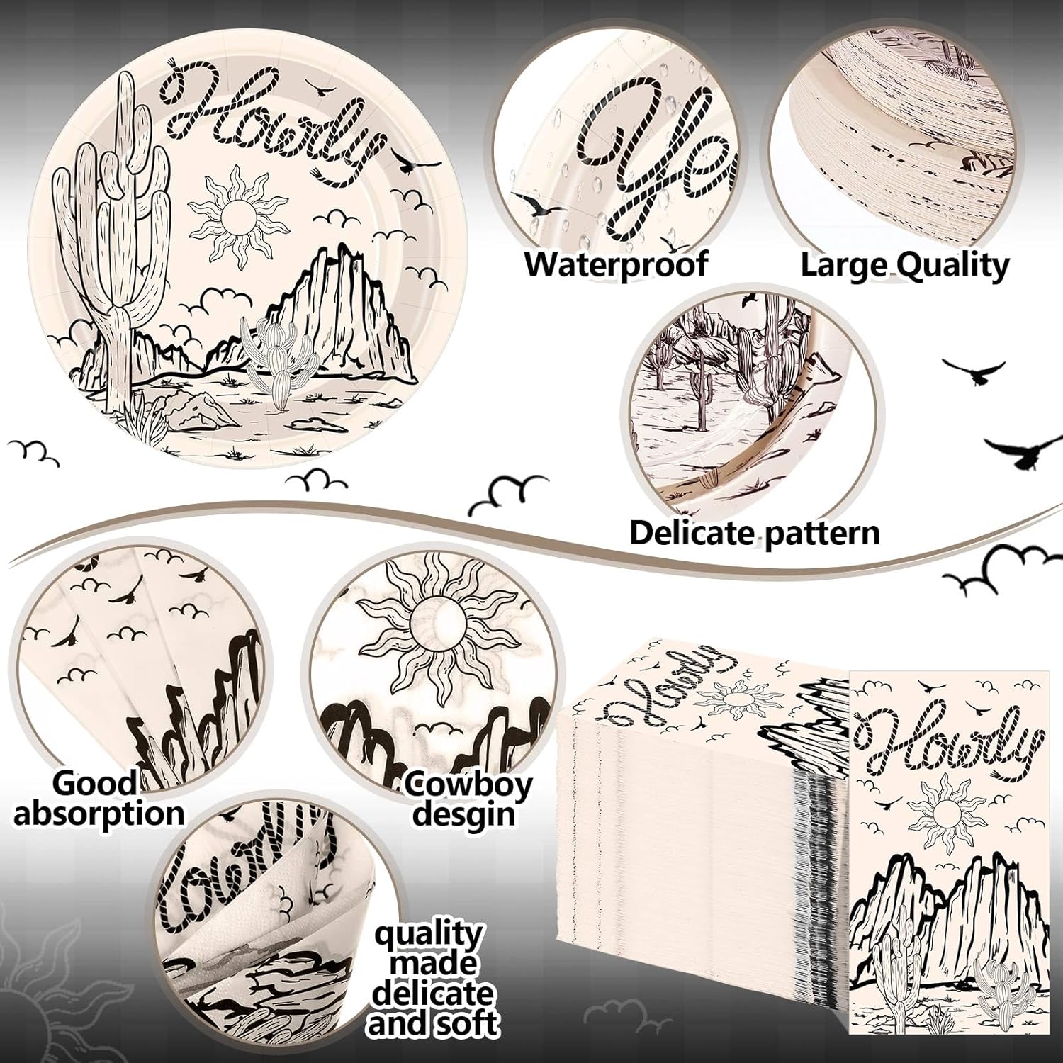 Pickmesh 250 Pcs Western Cowboy Cowgirl Party Decorations Black Wild West Disposable Tableware Set Howdy Yee Haw Paper Plates Napkins and Cups for Rodeo Birthday Baby Shower Party Decorations Serve 50