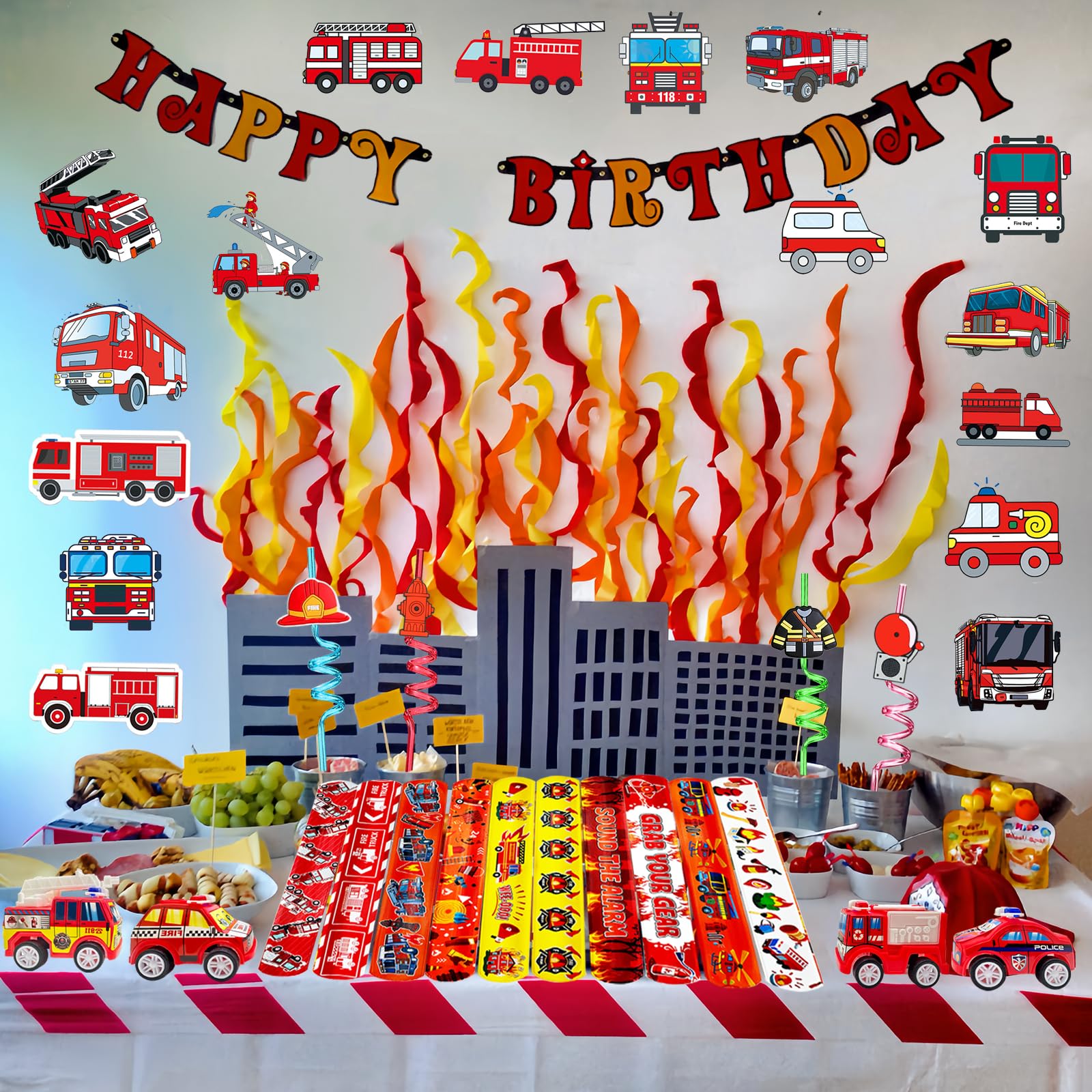 CHSLtmxq Lot De 110 Cadeaux De Fête Camion De Pompiers Avec Autocollants Pompiers, Bracelets Slap, Pailles Et Plus Encore Pour Fête D'anniversaire Sur Le Thème Des Pompiers