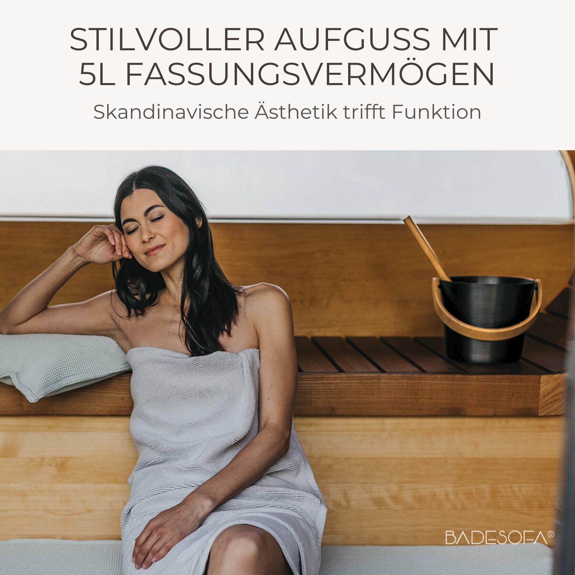 BADESOFA Sauna-Eimer mit Kelle Set – Saunakübel 5 L Aluminium Schwarz mit Bambusgriff – Skandinavisches Design, Sauna Zubehör & Aufguss Set für Sauna & Outdoor-Sauna