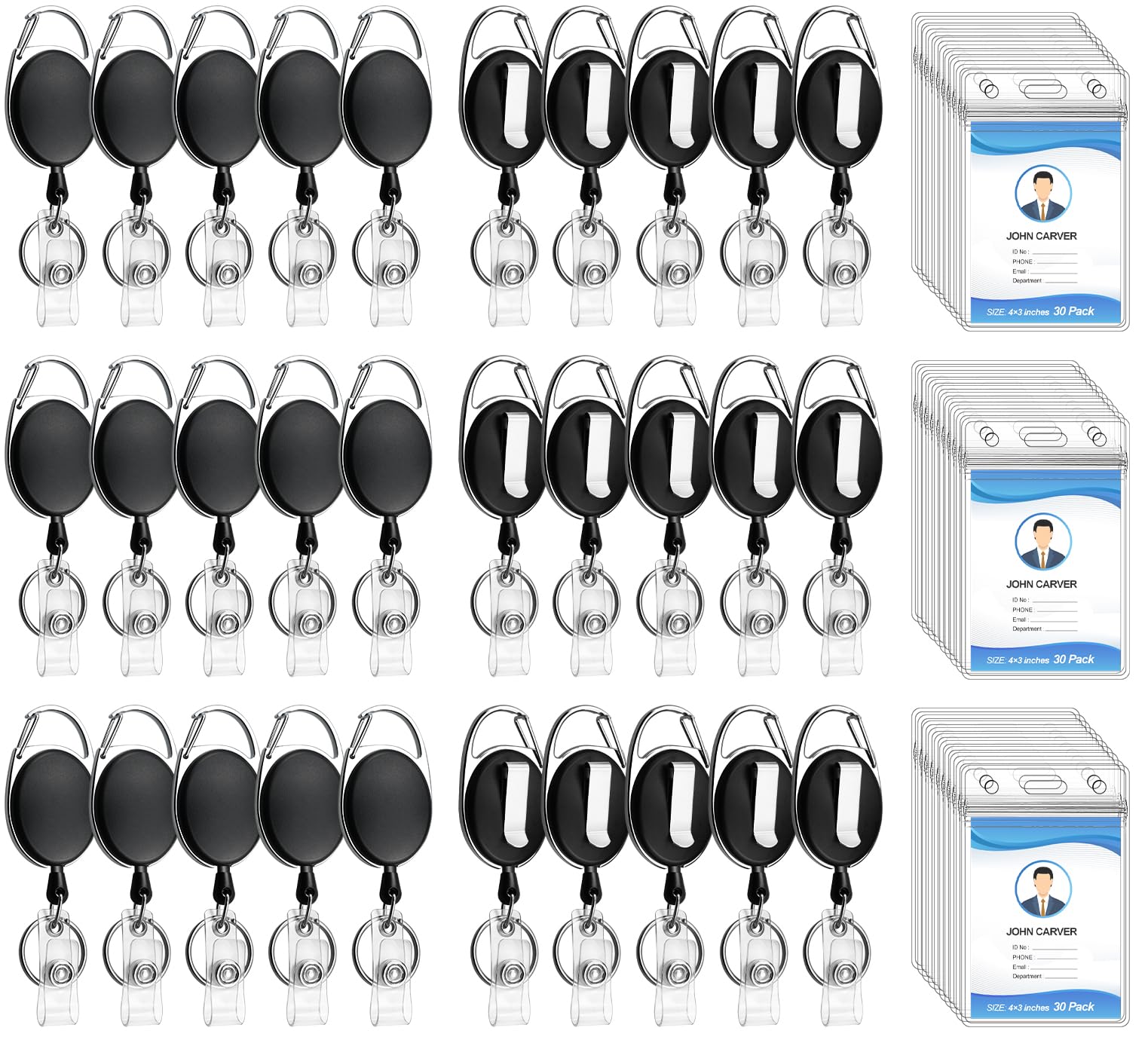30 Pack Heavy Duty Retractable Badge Reel with Waterproof Vertical Name Badge ID Card Holders and Key Ring for Card Keychain Badge Holder