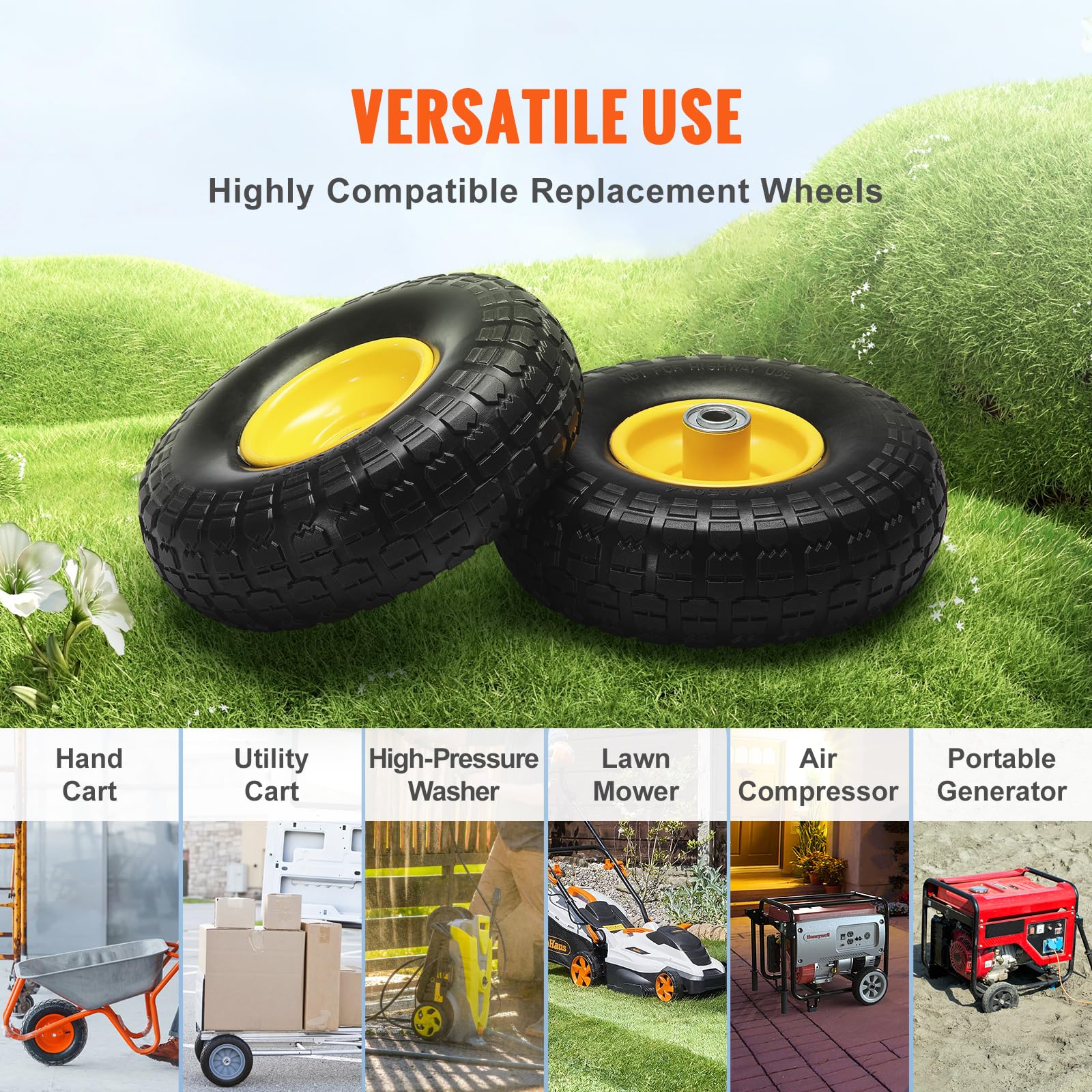 VEVOR Roue à pneu à plat PU solide, 254 mm, lot de 2, charge dynamique 181,4 kg, charge statique 204,1 kg, pneus roues sans chambre à air pour diable, chariot utilitaire, chariots, remorques de jardin