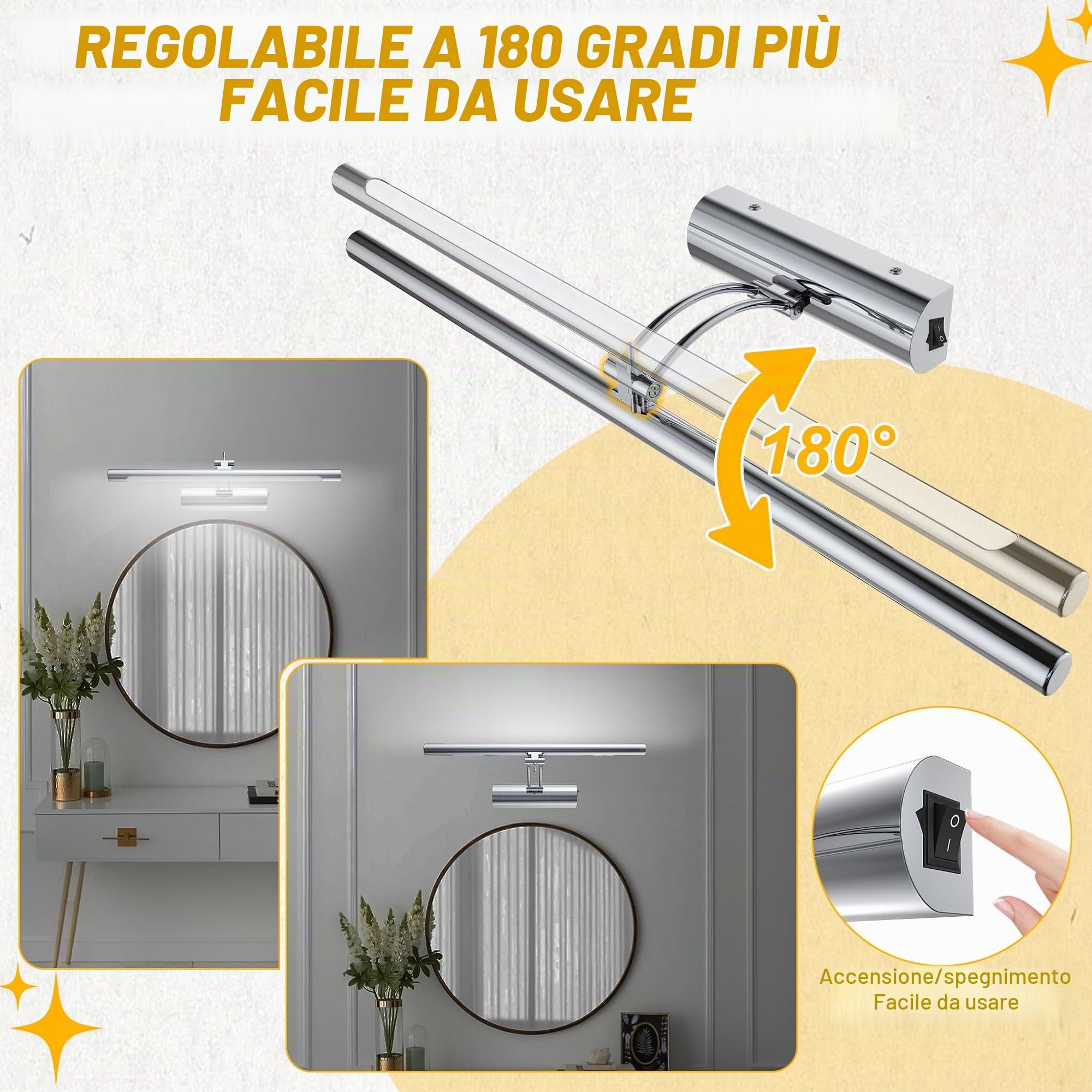 UISEBRT Lampada LED per specchio da bagno, 10 W, 40 cm, tubo fluorescente regolabile a 180°, base con interruttore, lampada da bagno in argento, per illuminazione da parete e specchio, tipo C, bianco