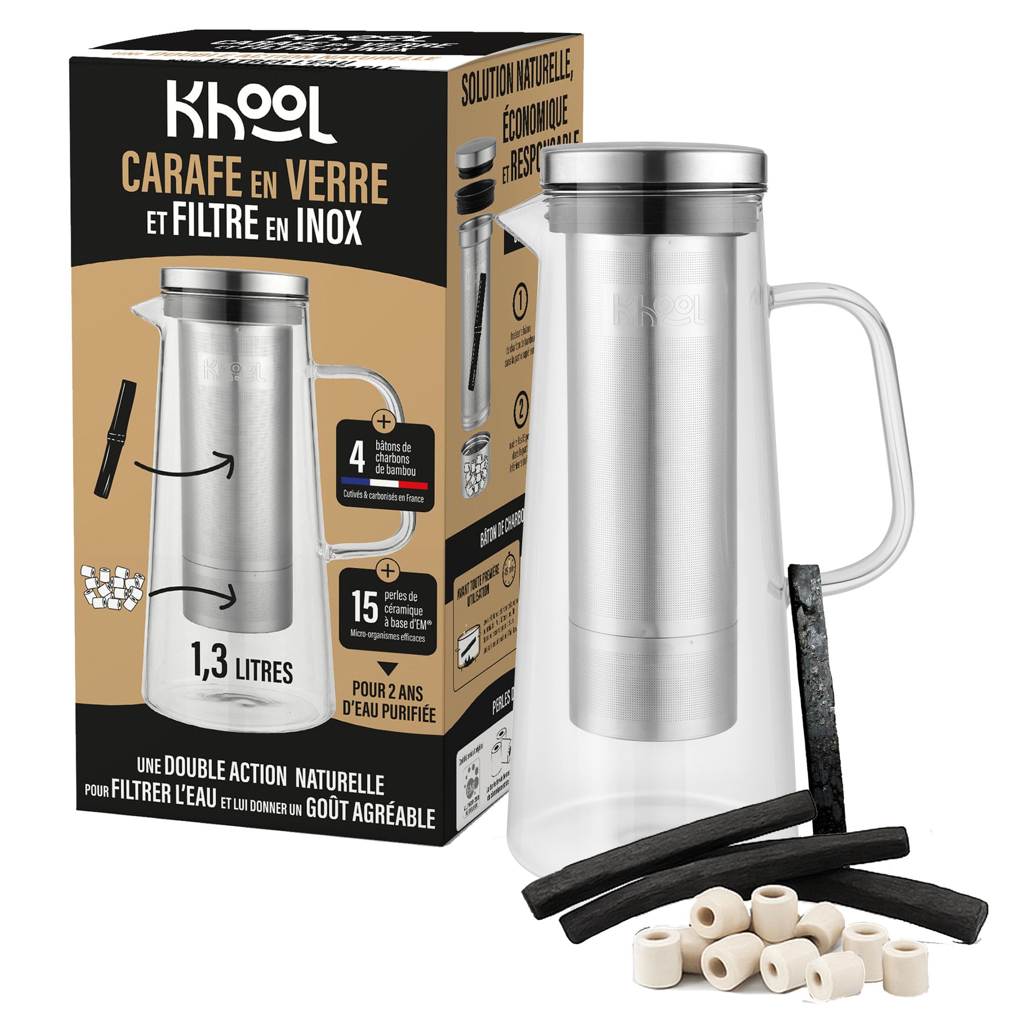 KHOOL - Kit Carafe filtration de l'eau en Verre et Inox + Bâtons Charbon de Bambou et Perles de Céramique - Purifie & améliore le goût de l’eau - Alternative Écologique - Origine France - 1L