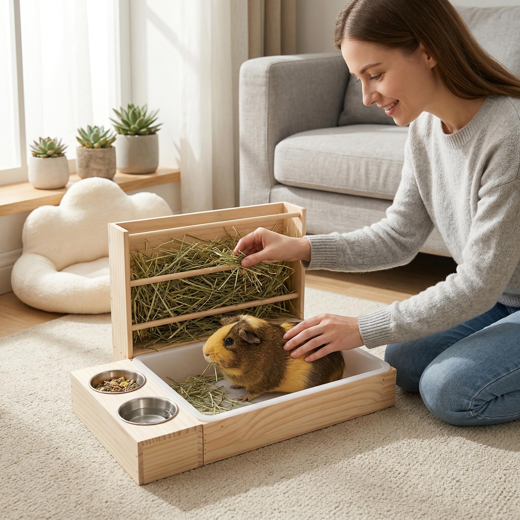 Mangeoire à Foin pour Lapin, mangeoire à Foin pour Lapin avec bac litière – Bol Nourriture en Bois pour Cochon d'Inde et Habitat pour Petits Animaux (Lapins, cailles, Hamsters)