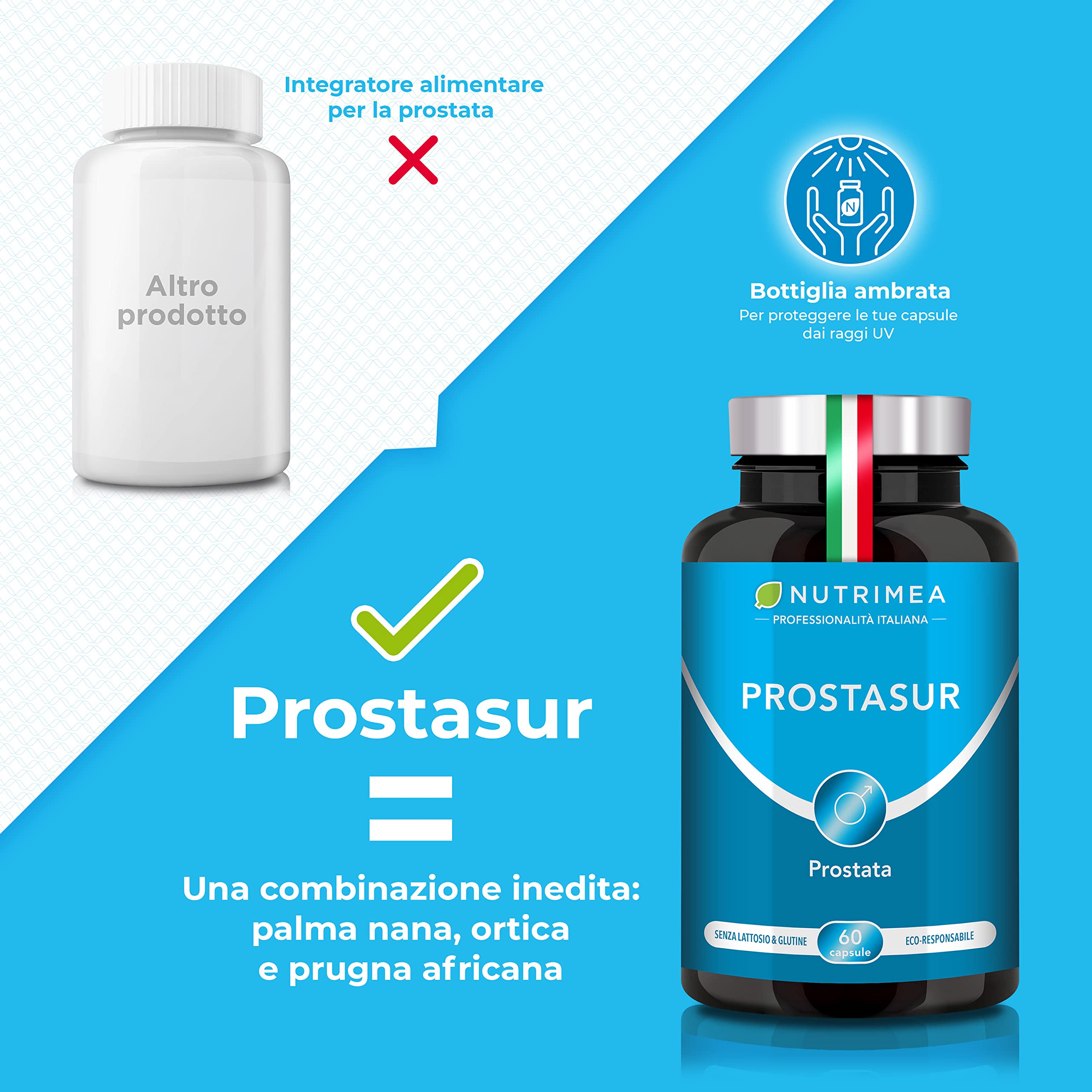Prostasur | Integratore con Serenoa Repens 380 mg (Saw Palmetto), Urtica Diocia, Pygeum Africanum e Zinco | Salute della Prostata e delle Vie Urinarie | 60 Capsule | 1 Mese di Trattamento