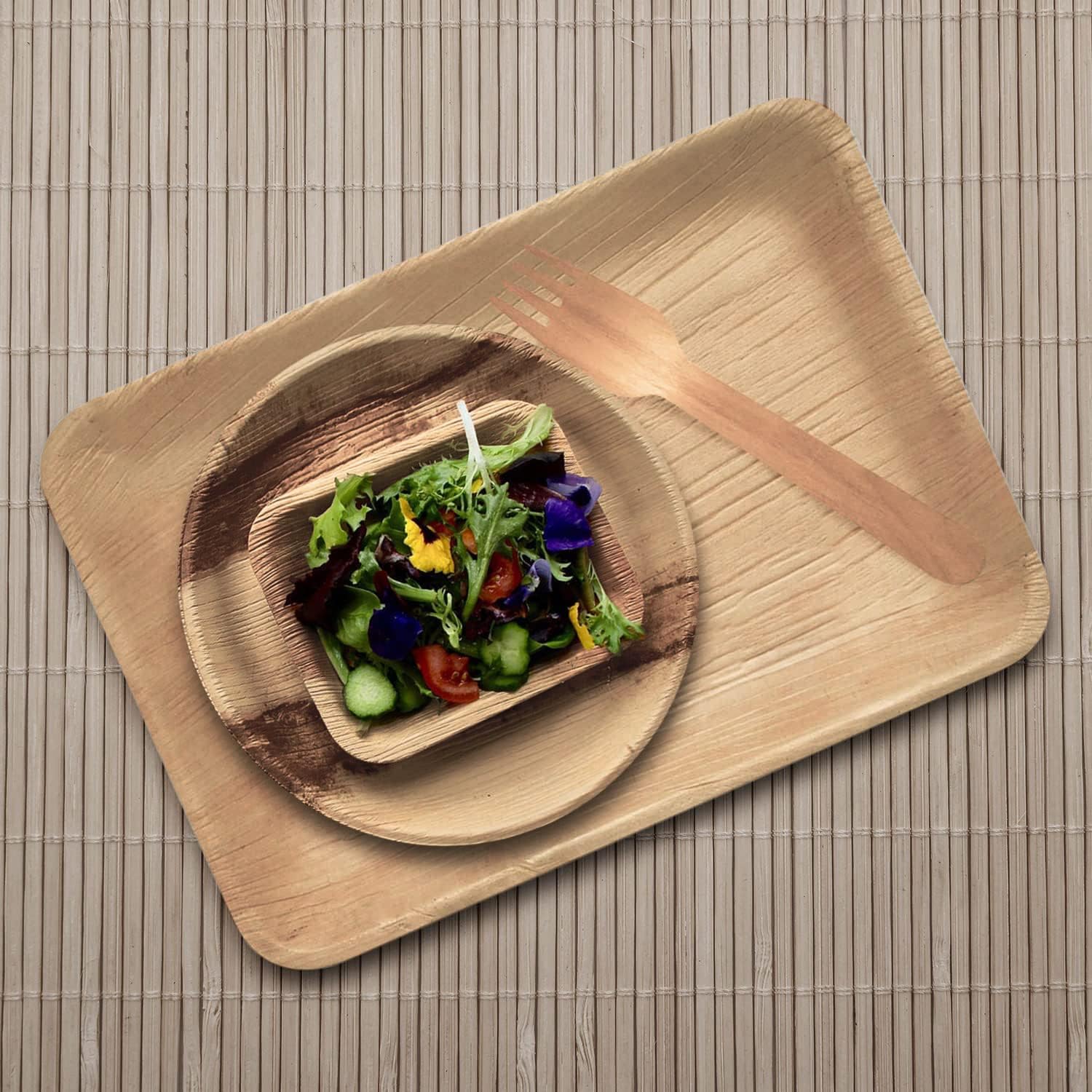 PALM NAKI Eco-Friendly Palm Leaf Rectangle Plates - 9" x 6" - Bamboo Style (40 Pack), Sustainable, Decorative & Compostable Tableware (Rectangle Plates)