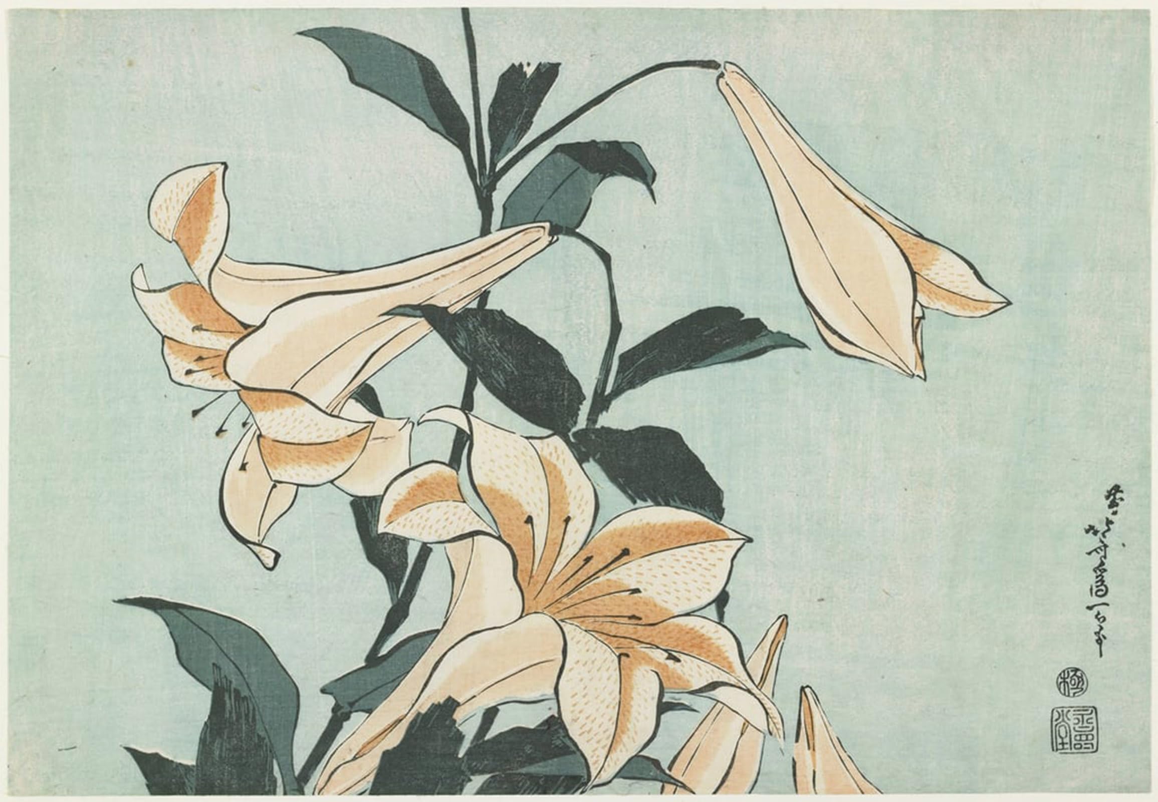 Serendipitp No Frame Vintage Picture Print On Canvas Wall Art Poster Lilies By Katsushika Hokusai Artwork Print Poster For Wall Decor 60X90cm