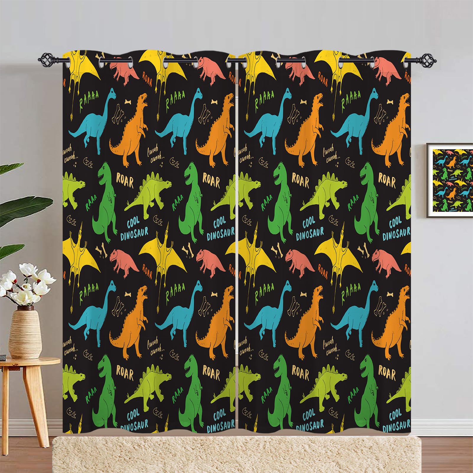 ANHOPE Dinosaur Curtains Eyelet 80% Blackout Room Darkening Curtains with Cute Cartoon Dino Doodles Print Pattern Light Blocking Window Drapes for Kids Boys Girls Bedroom 55 x 84 Inch Drop 2 Panels โ image 1