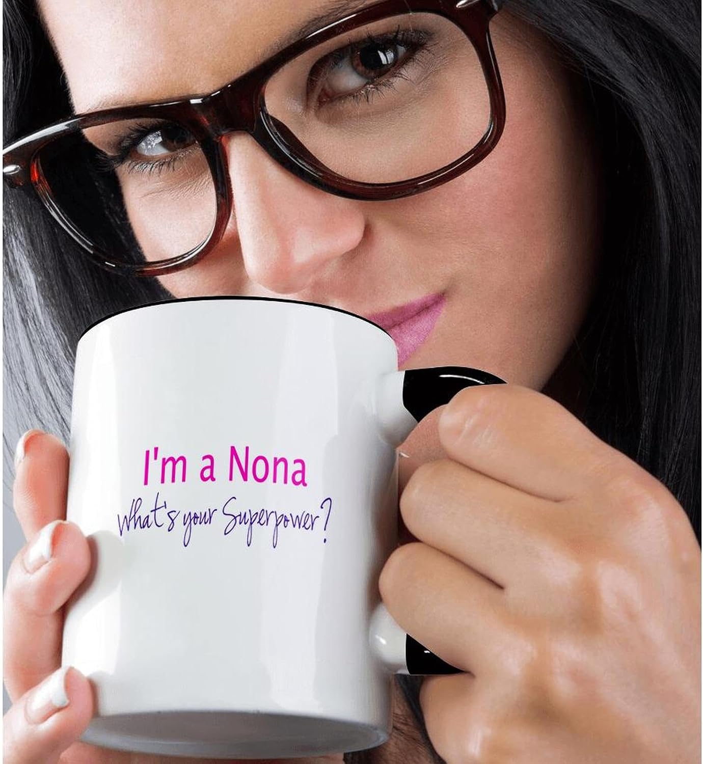 3dRose Im a Nona - Whats your Superpower - hot pink - funny gift for grandma 11oz Two-Tone Black Mug