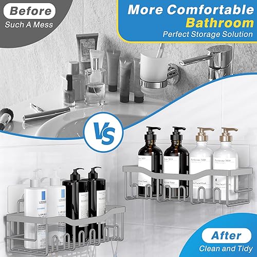 Miniatura 10 de Paquete de 5 organizadores de ducha de acero inoxidable a prueba de óxido, organizador de baño adhesivo sin taladros con gran capacidad, espaciosos